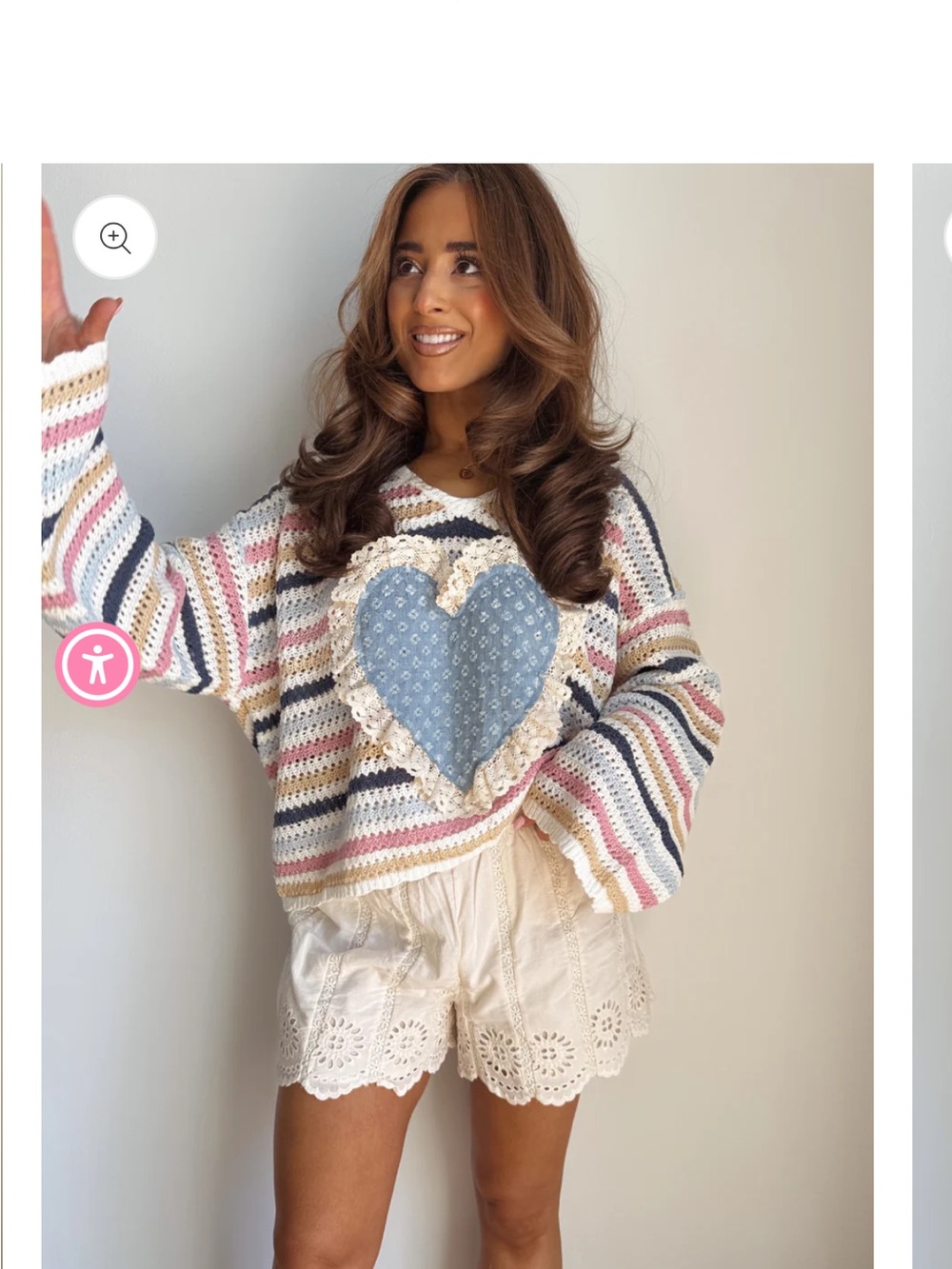 POL Striped Crochet Heart Sweater in Blue, Pink, Cream, Navy - Picture 2 of 3